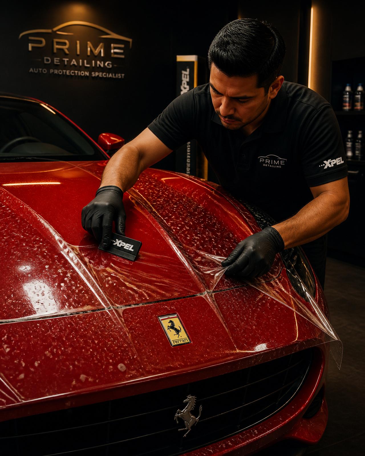 Equipe Club Wash aplicando PPF em Ferrari